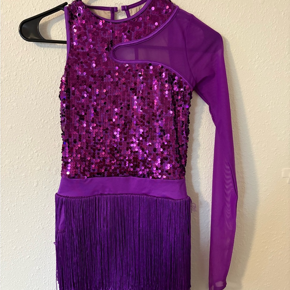 Weissman Purple Dance Costume with Asymmetrical Design and Fringe
